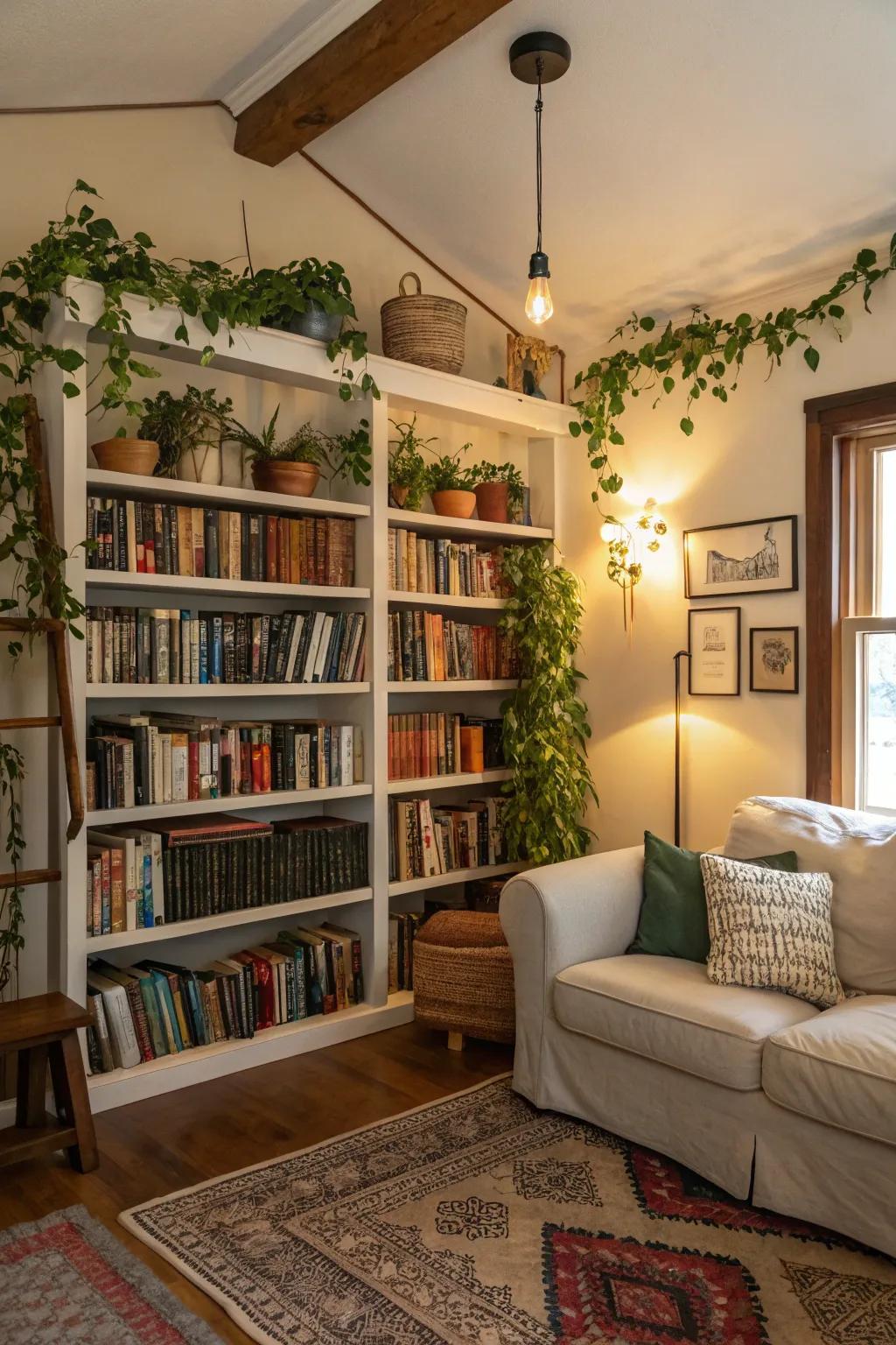 Vertical space is maximized with shelves and plants in this living room.