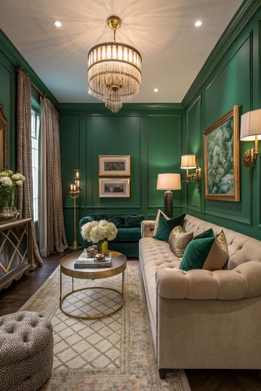A compact living area with emerald walls to add luxury.
