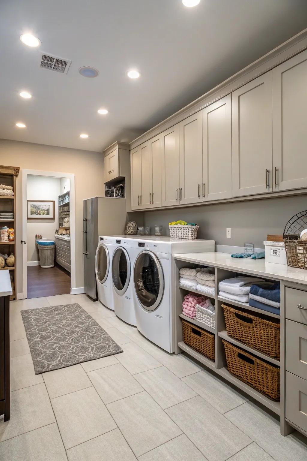 A kitchen and laundry area designed for a seamless and efficient task flow.