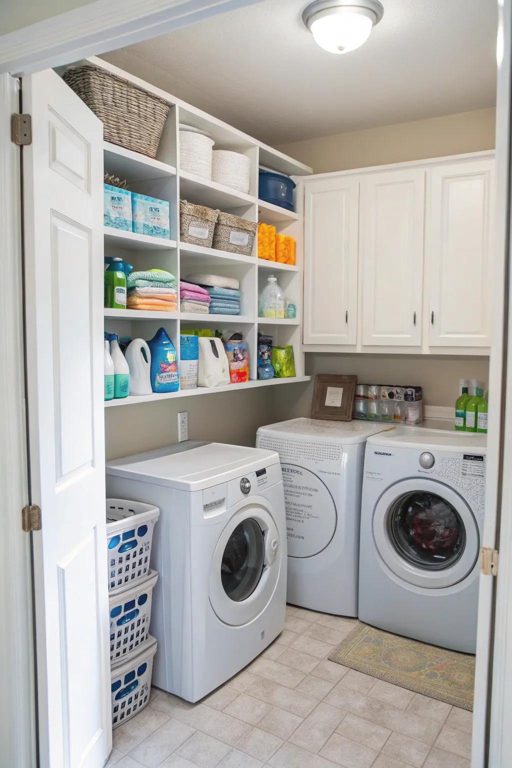 Overhead cabinets offer ample storage while keeping surfaces clear.