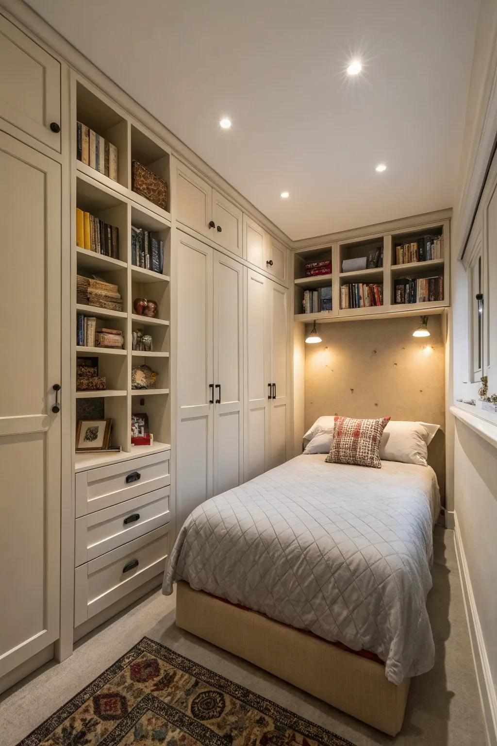Vertical storage solutions optimize space in a compact master bedroom.