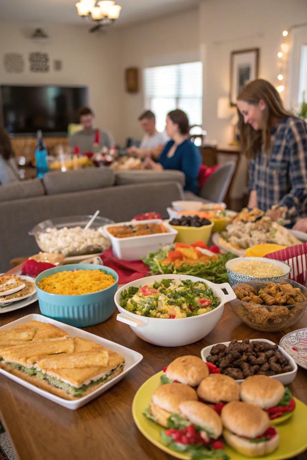 A shared dinner arrangement with a variety of dishes on the table.