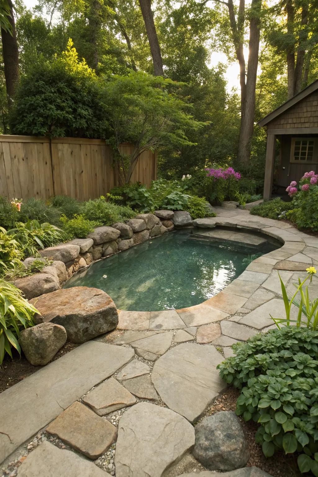 Native stone surroundings render the pool a harmonious visual with the garden landscape.