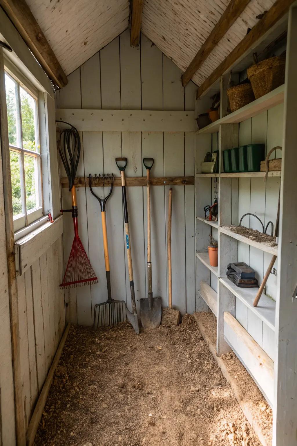 Efficient garden implement storage inside a small shed.