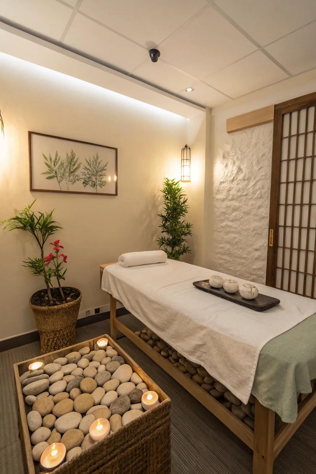 A Zen garden contributes a tranquil element to your massage space decor.