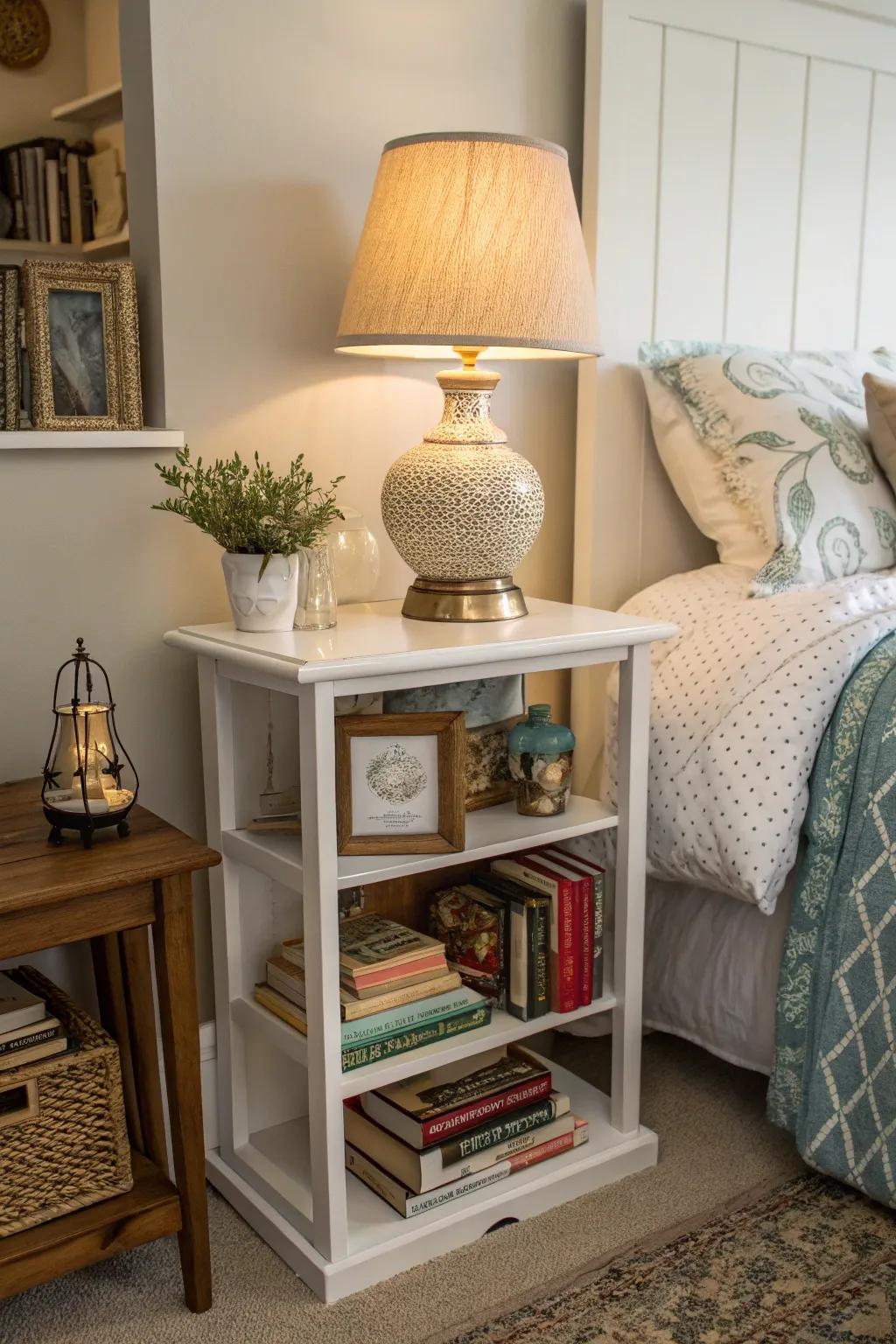 A shelving unit provides lots of storage for your bedside.