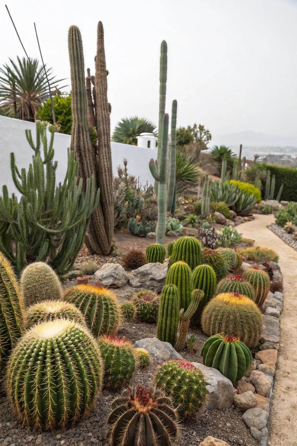 A cactus garden oasis with diverse and striking cacti.