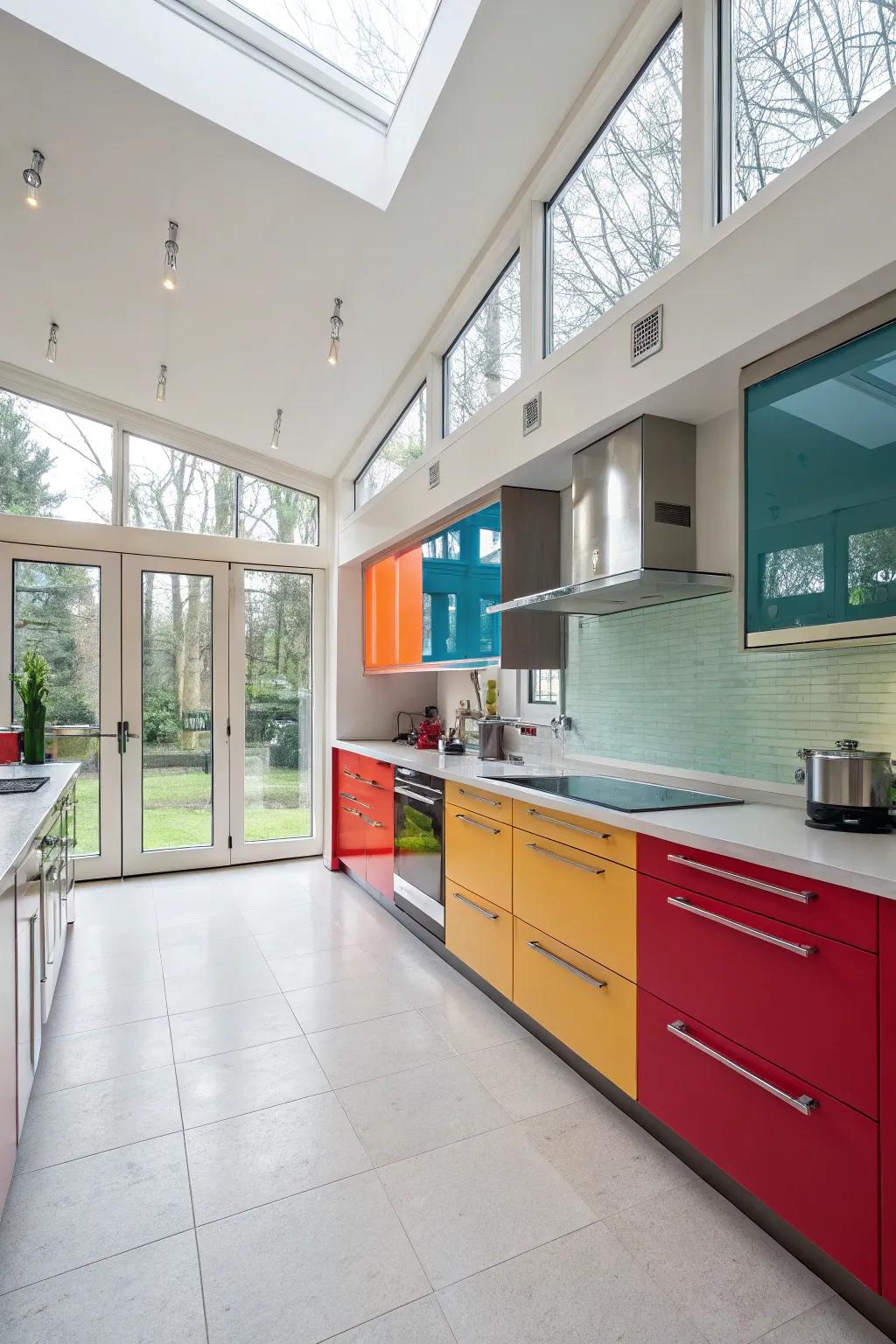 Bold colors inject energy and flair into the kitchen’s design.
