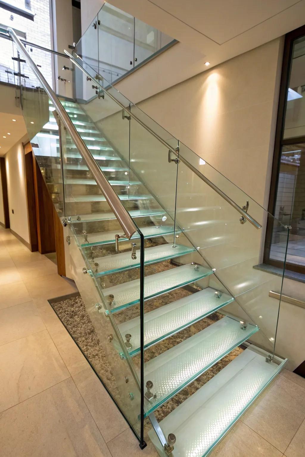 See-through glass steps offer a breezy, modern aesthetic.