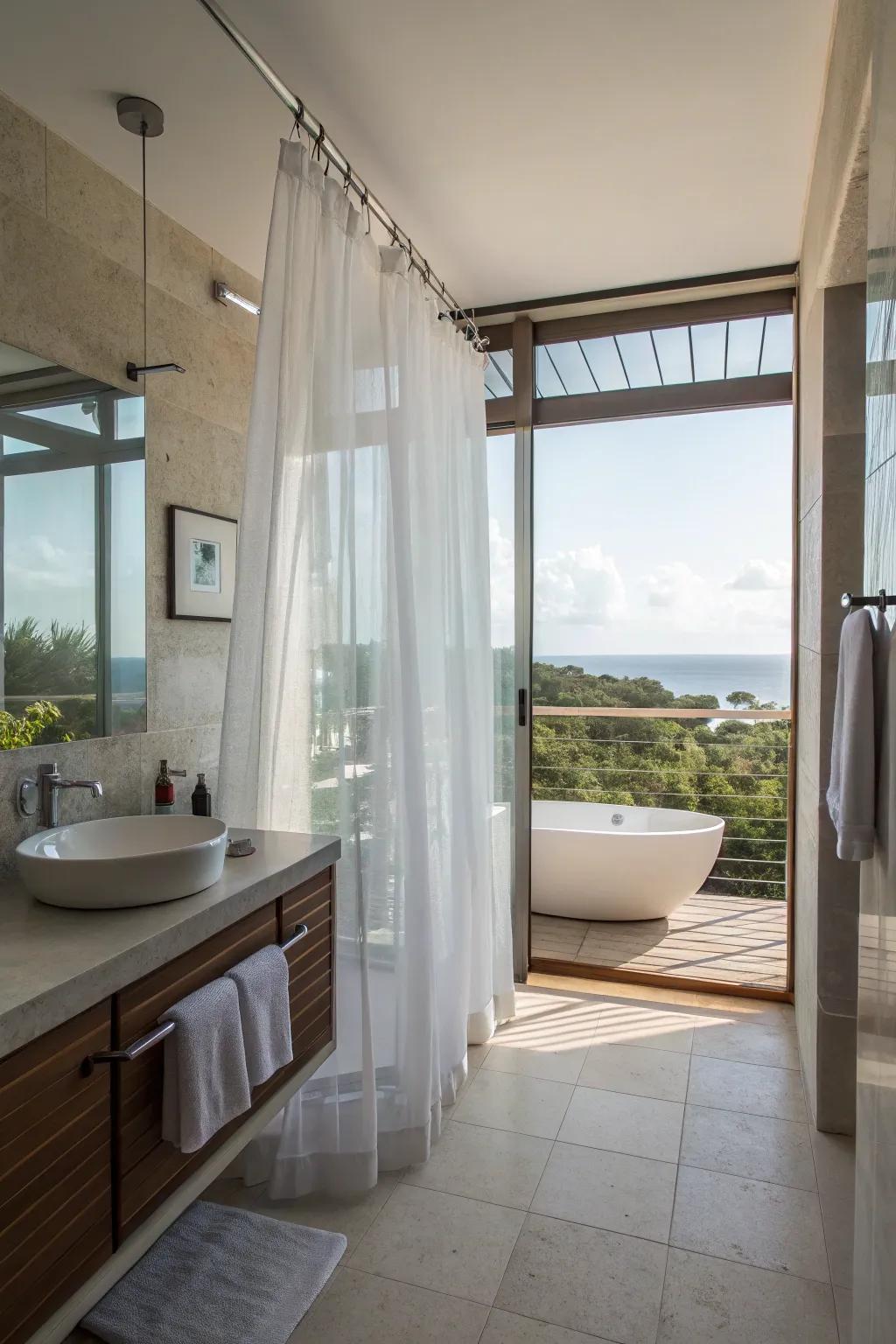 See-through curtains cause smaller bathrooms to seem more roomy.