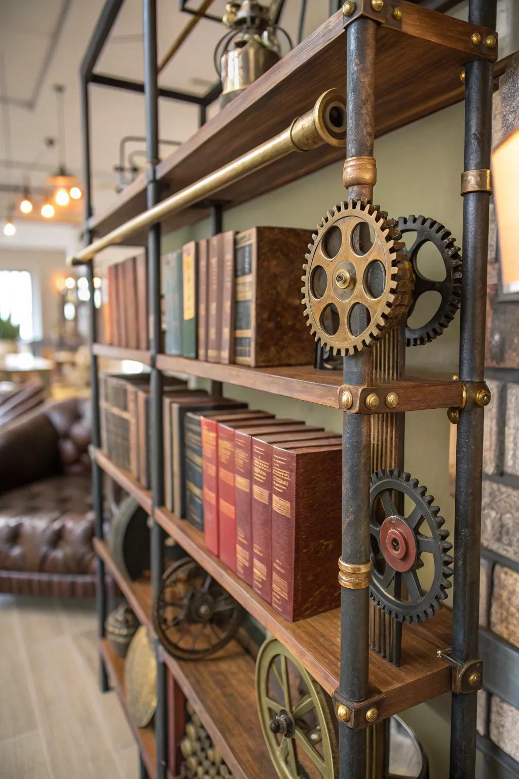 Steampunk-inspired bookshelves combine function and style in this striking design.