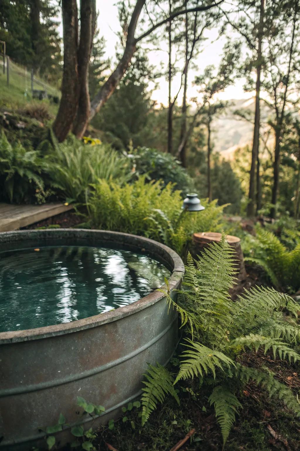 A woodland hideaway showcased by leafy ferns encircling the pool.