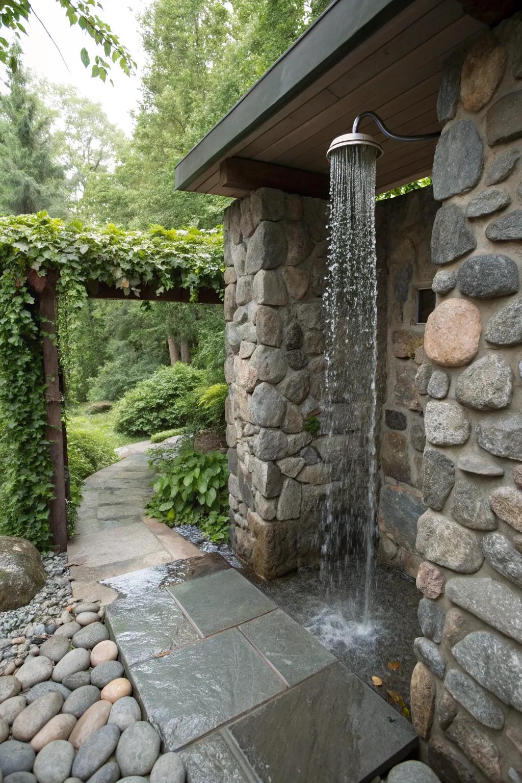 A cascading feature adds a unique dimension to stone showers.