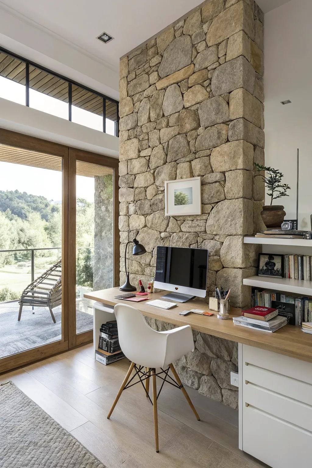 A home work area that inspires with a stone accent wall.