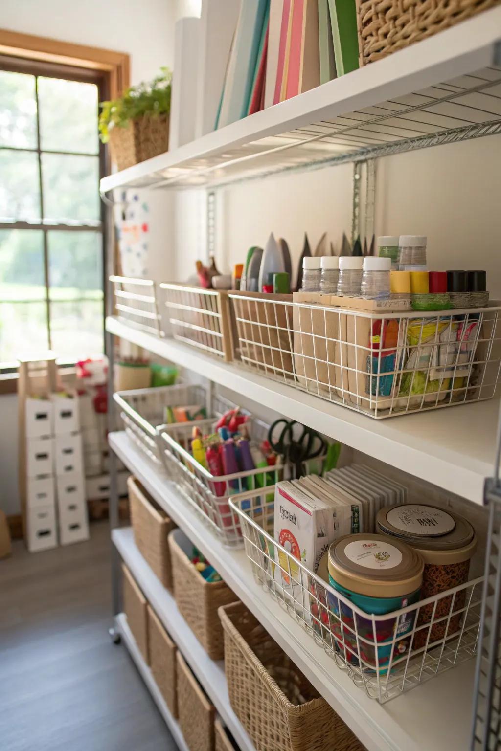 Small items gain extra storage with under-shelf baskets.