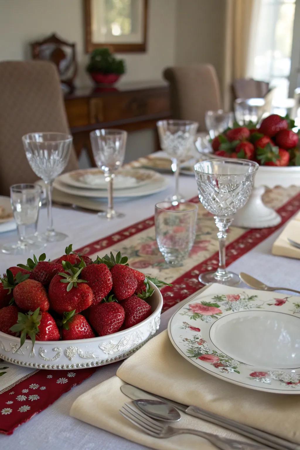 A vibrant table design featuring fresh strawberries for an energetic dining ambiance.