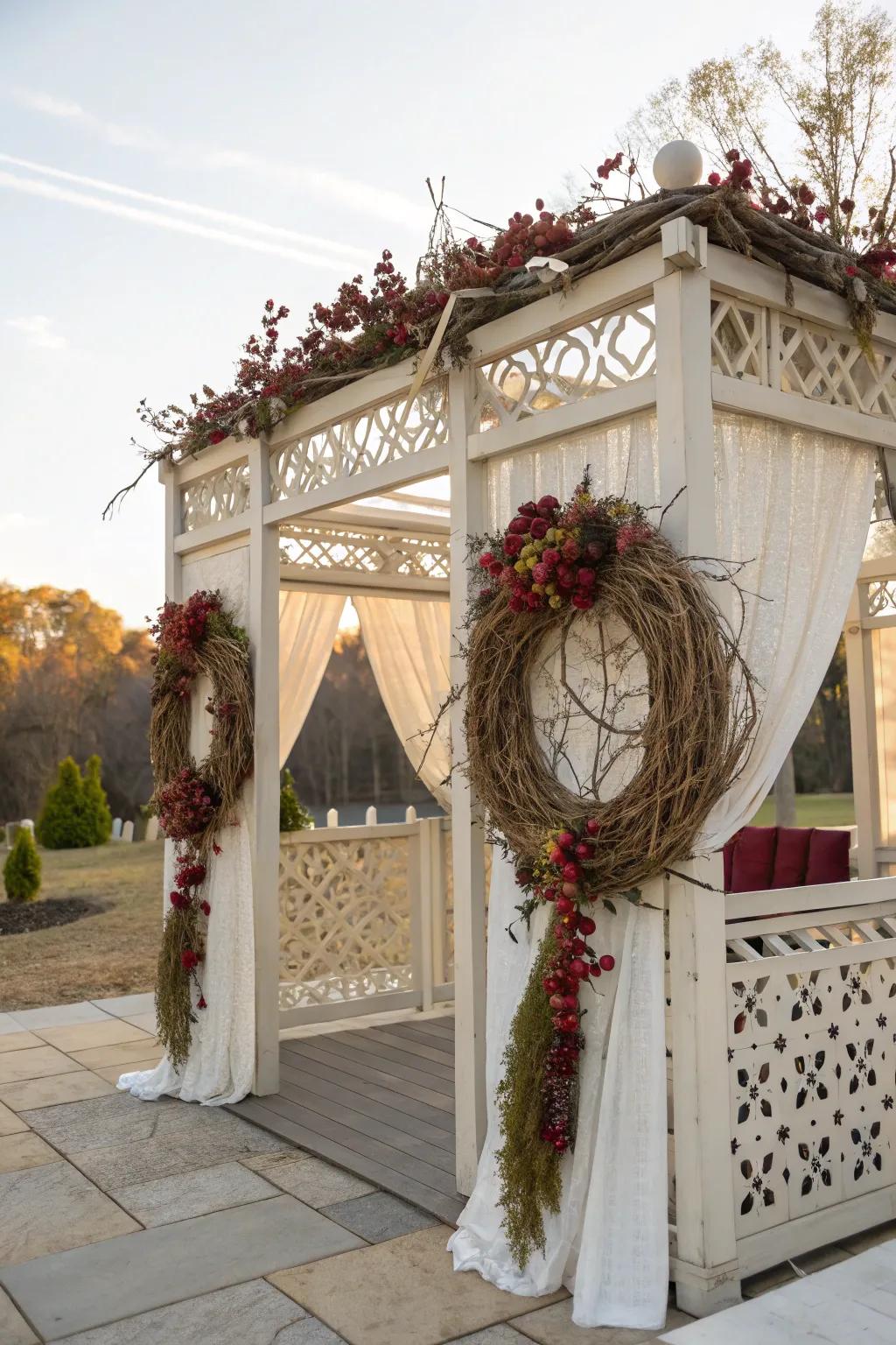 A rustic and elegant sukkah with natural wreaths made from twigs and berries.