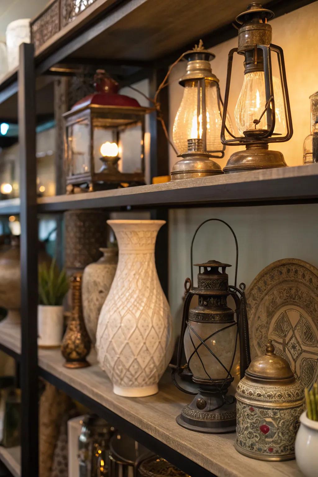 Retro finds such as lanterns and vases contribute charm and history.