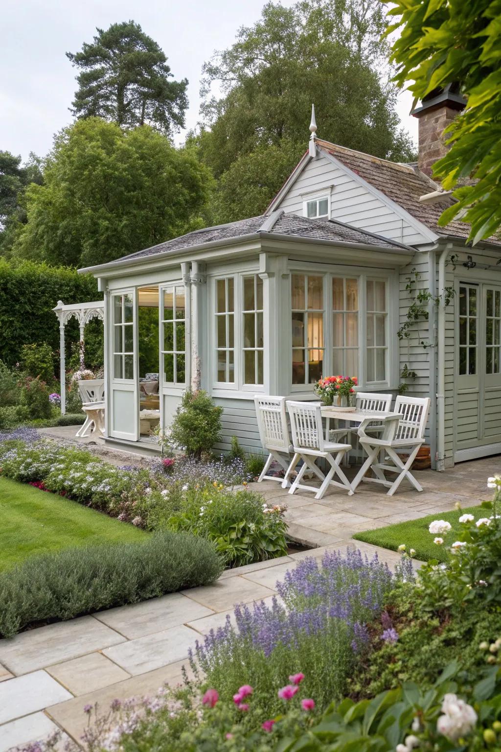 A chic summer house in mellow grey, perfect for any garden style.