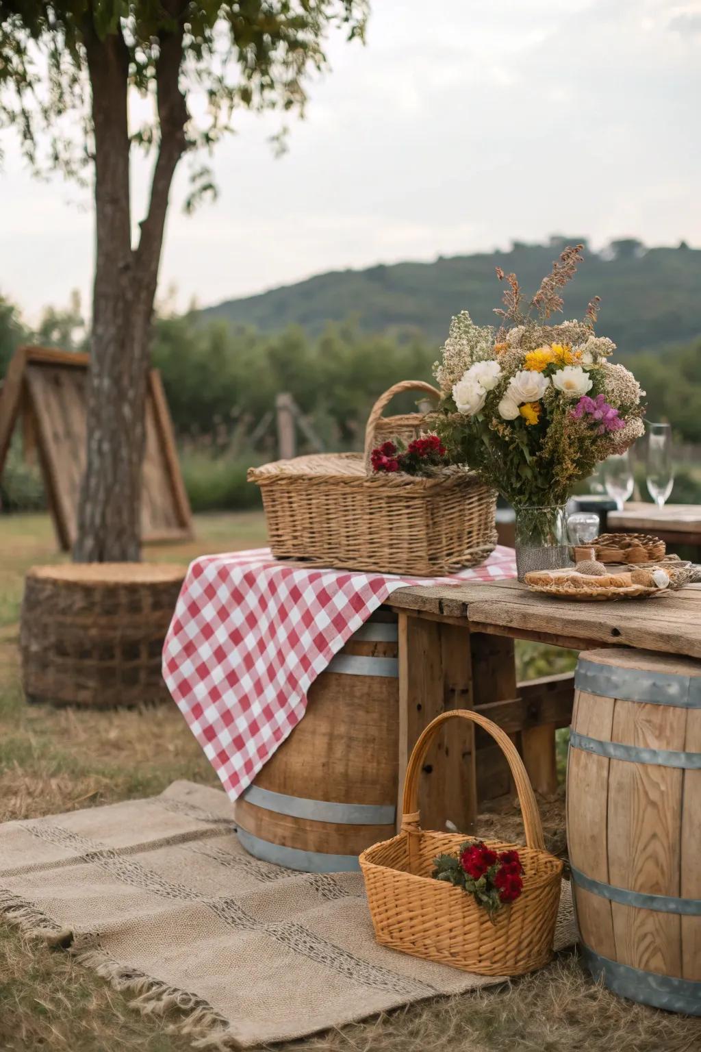 A snug natural picnic setting with natural and earthy elements