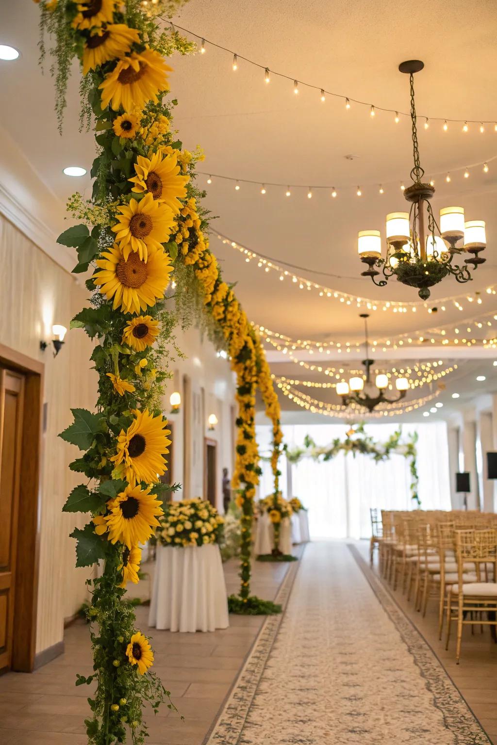 Sunshine bloom garlands exquisitely amplifying the marriage adornment.