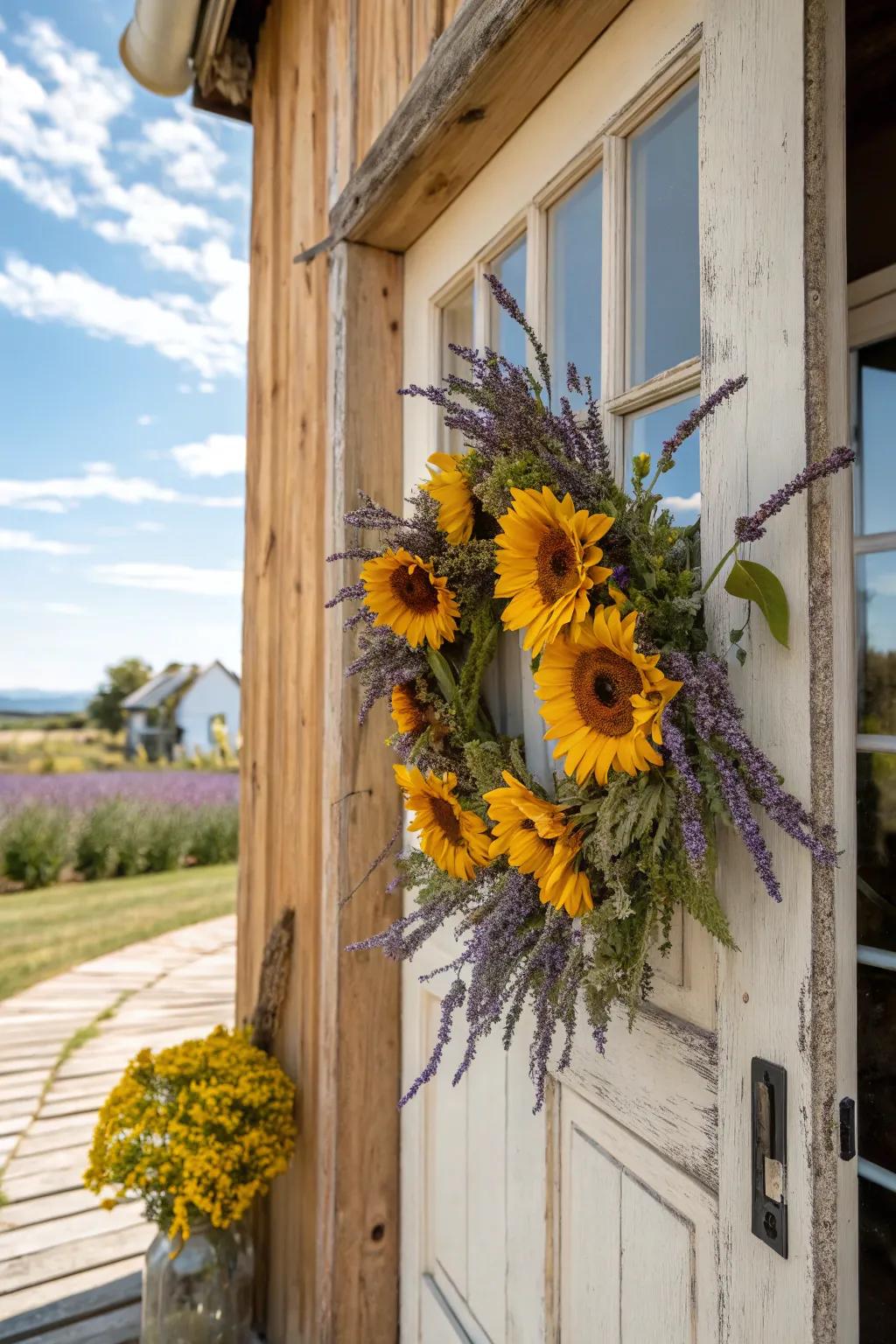 Relaxing lavender and vibrant sunflowers compose a delightful wreath.