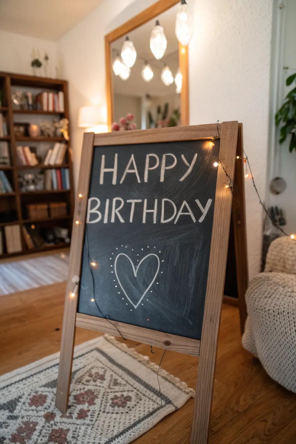 A customized chalkboard greeting adds warmth and thoughtfulness.