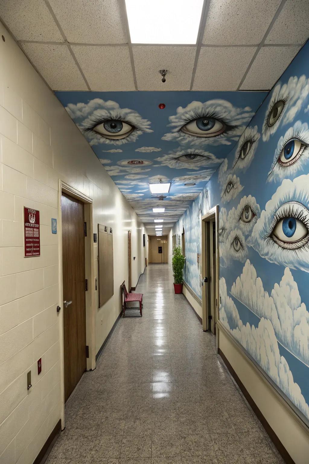 A corridor presents skies filled with eyes.