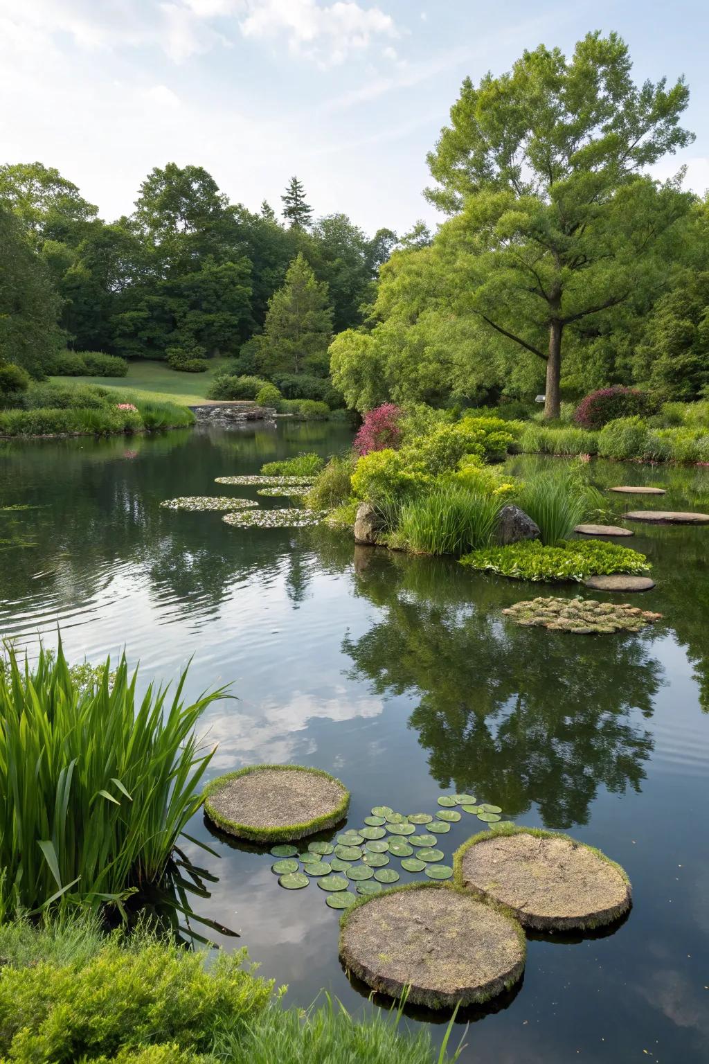 Floating islands add a unique and dynamic touch to the pond.
