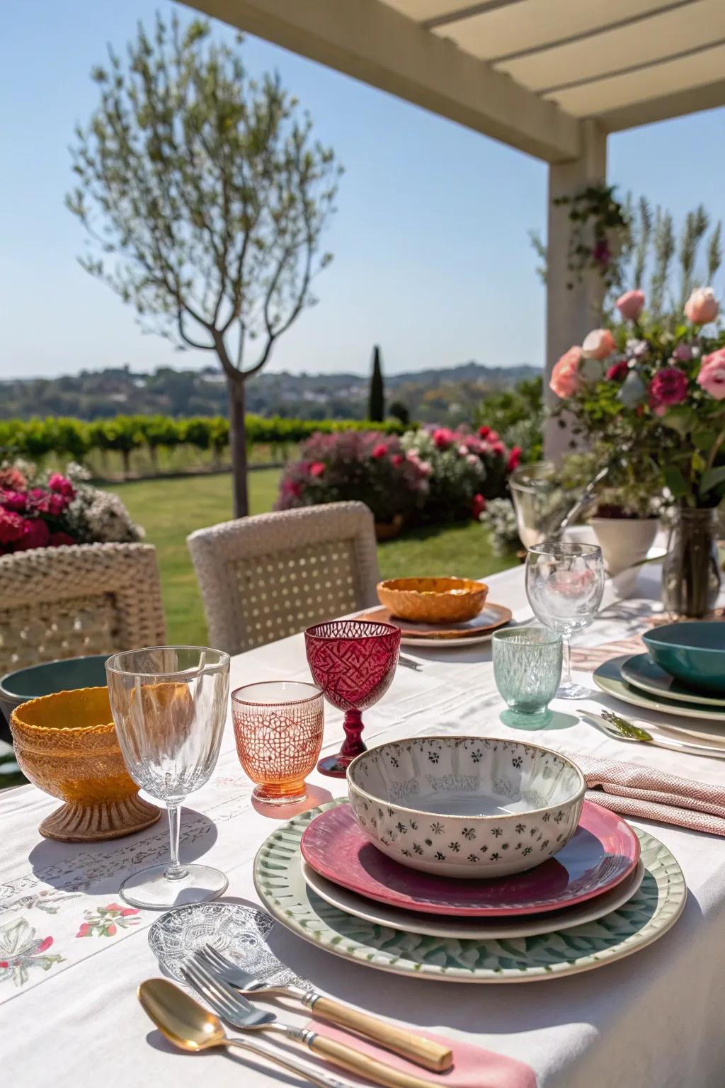 Mismatched tableware adds a personal and inviting sensation to the table.