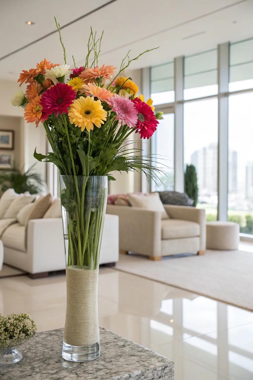 A tall glass vase displaying subdued shades and dynamic blooms, harmonizing tranquility and vigor inside a contemporary area.