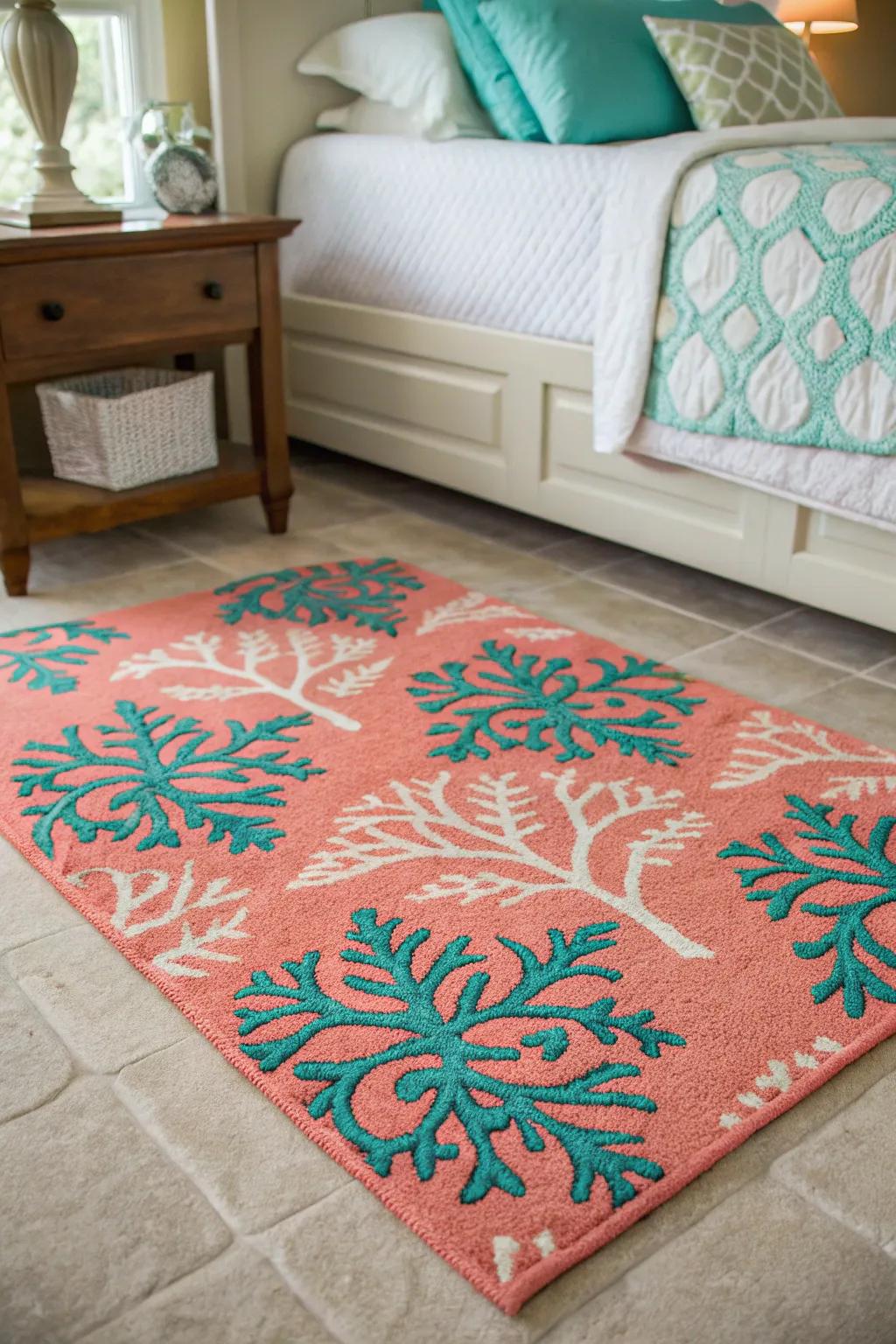 Sunset-orange and sea-green patterned floor covering enhance the room’s depth.
