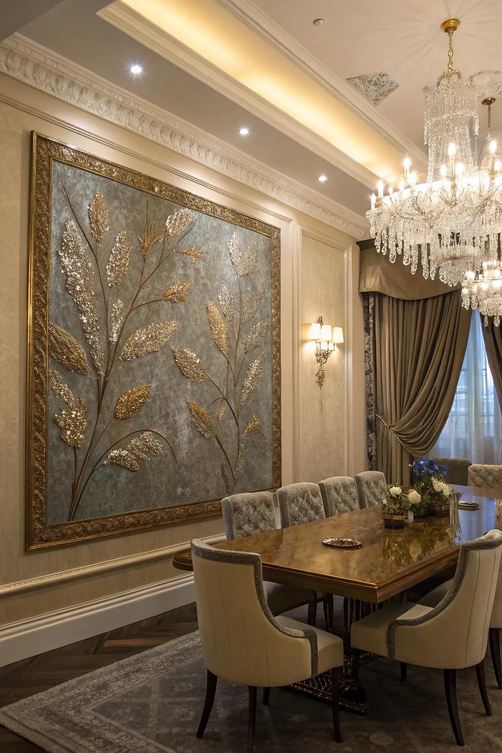 Metal details in this textured artwork enhance the elegance of the dining area.
