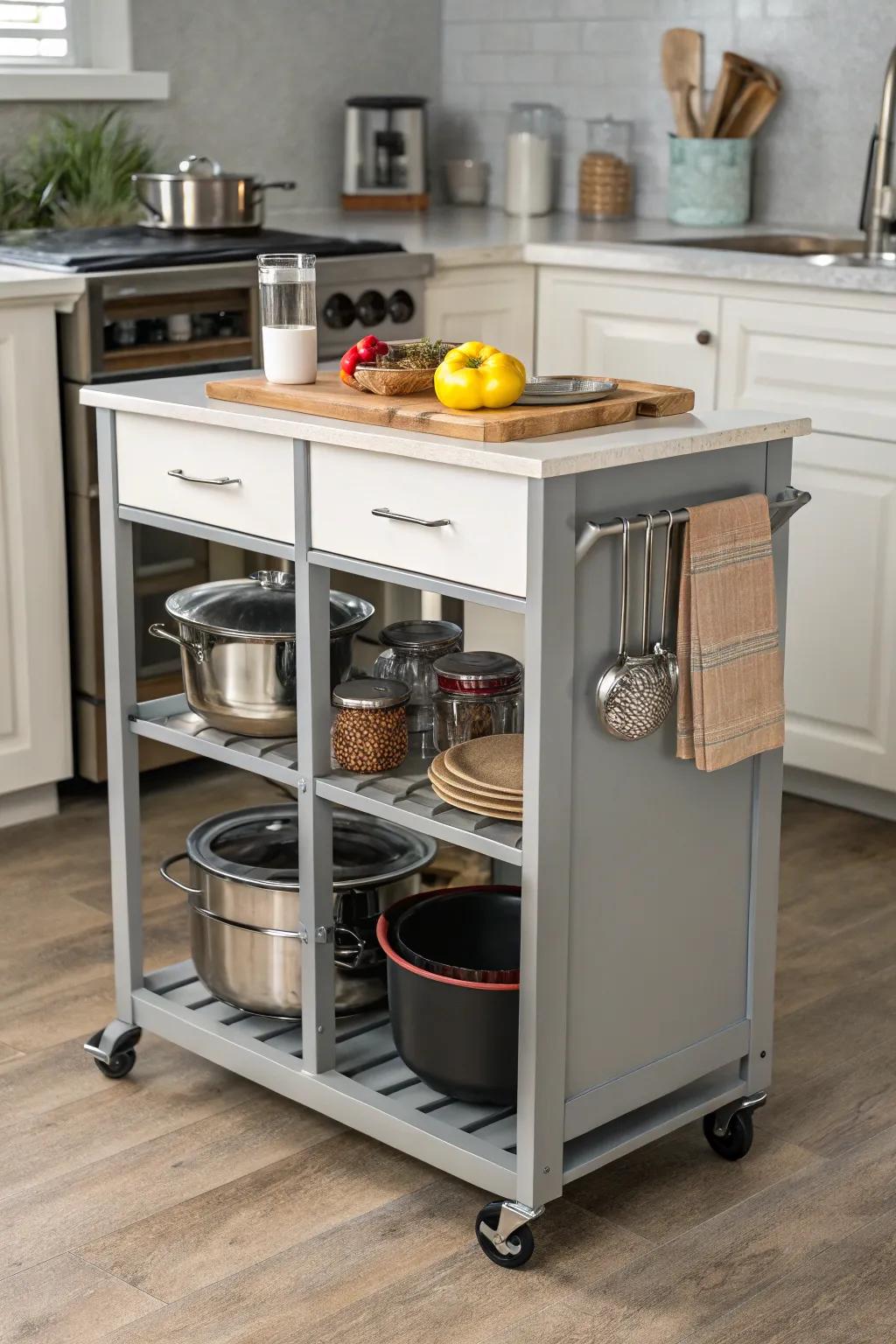 A versatile rolling cart improves kitchen functionality.
