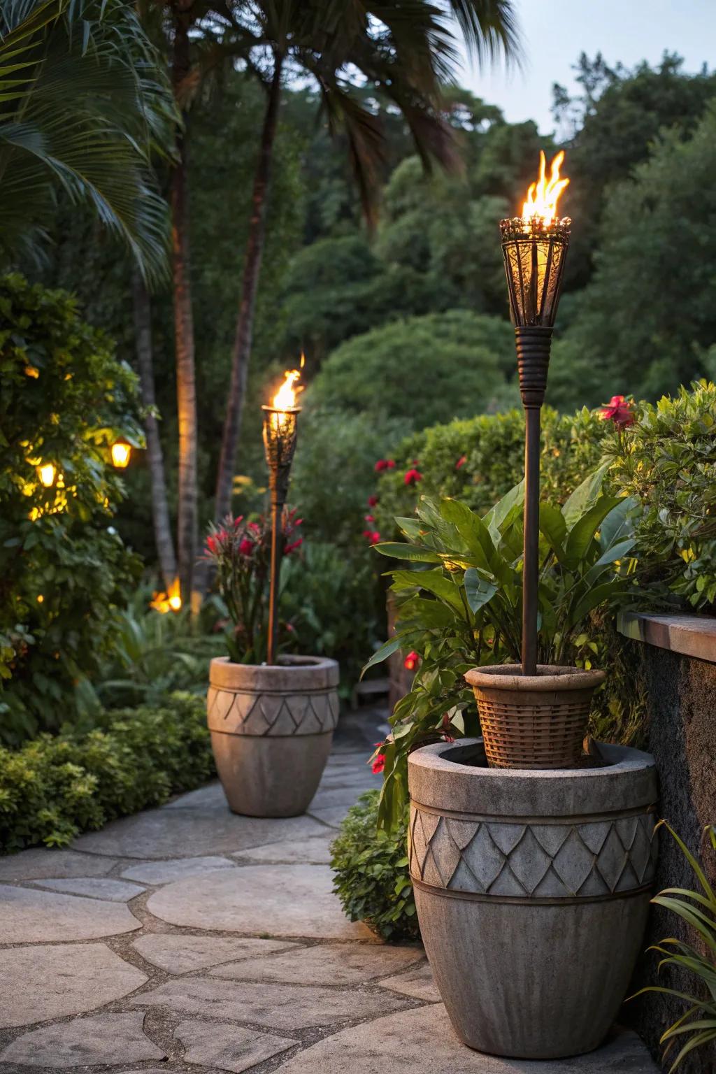 Stabilize flame posts with fashionable container bases.