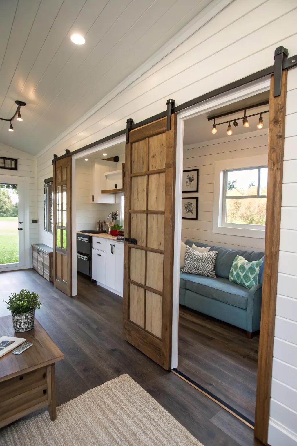 Pocket doors in a tiny house save space effectively