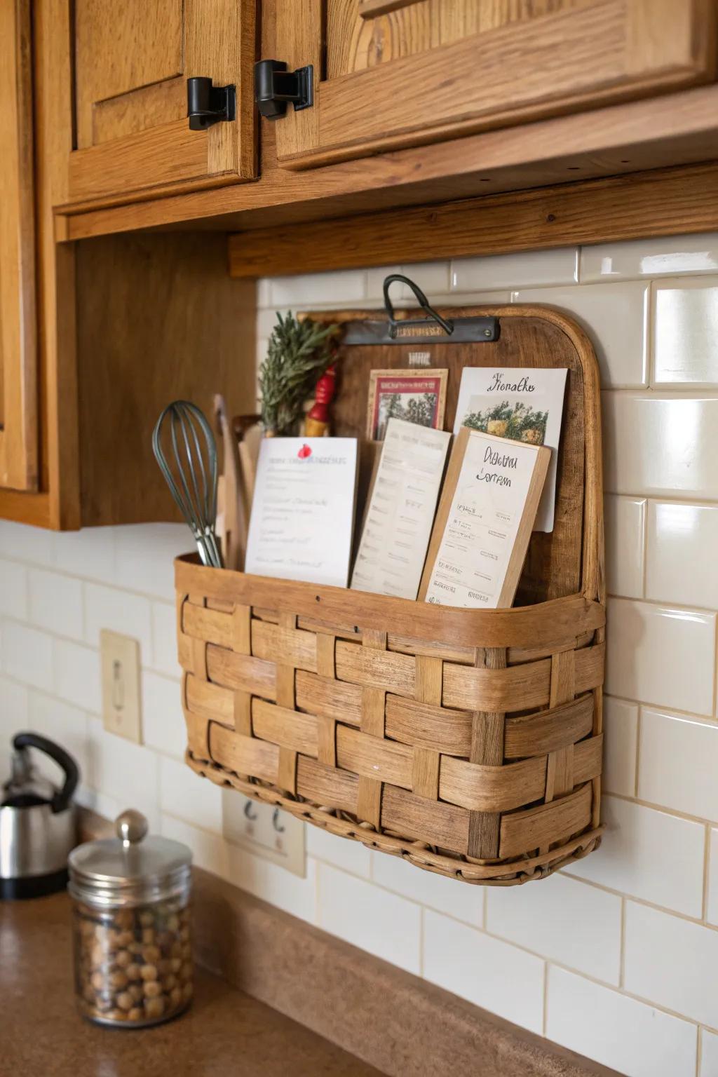 Rural charm in the kitchen featuring a functional woven platter.