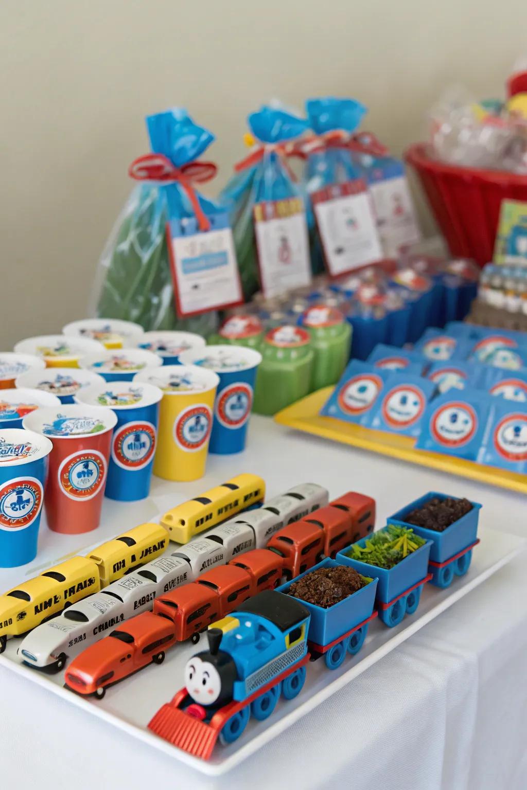 Locomotive-themed celebration favors delight young attendees.