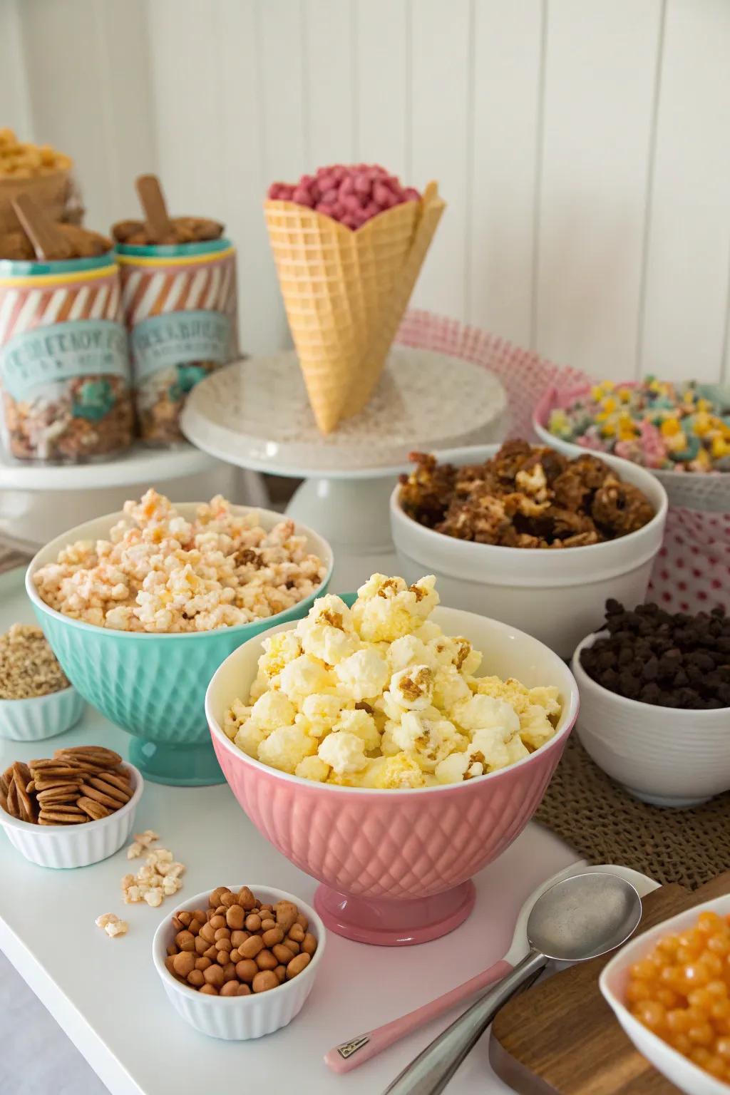 Popped kernel bar with assorted flavors and toppings.