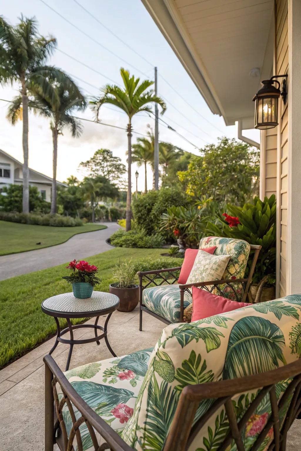 Tropical-patterned fabrics append a burst of amusement to outdoor decor.
