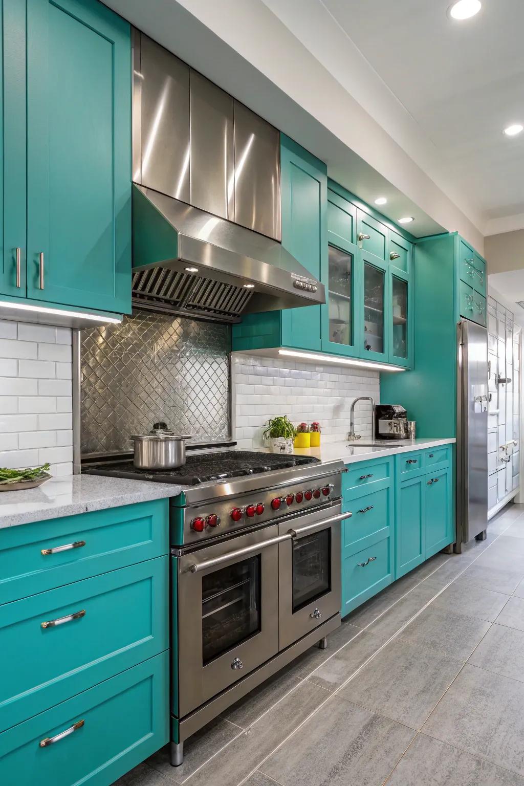 Modernistic features merging with turquoise cabinetry for a modern look.