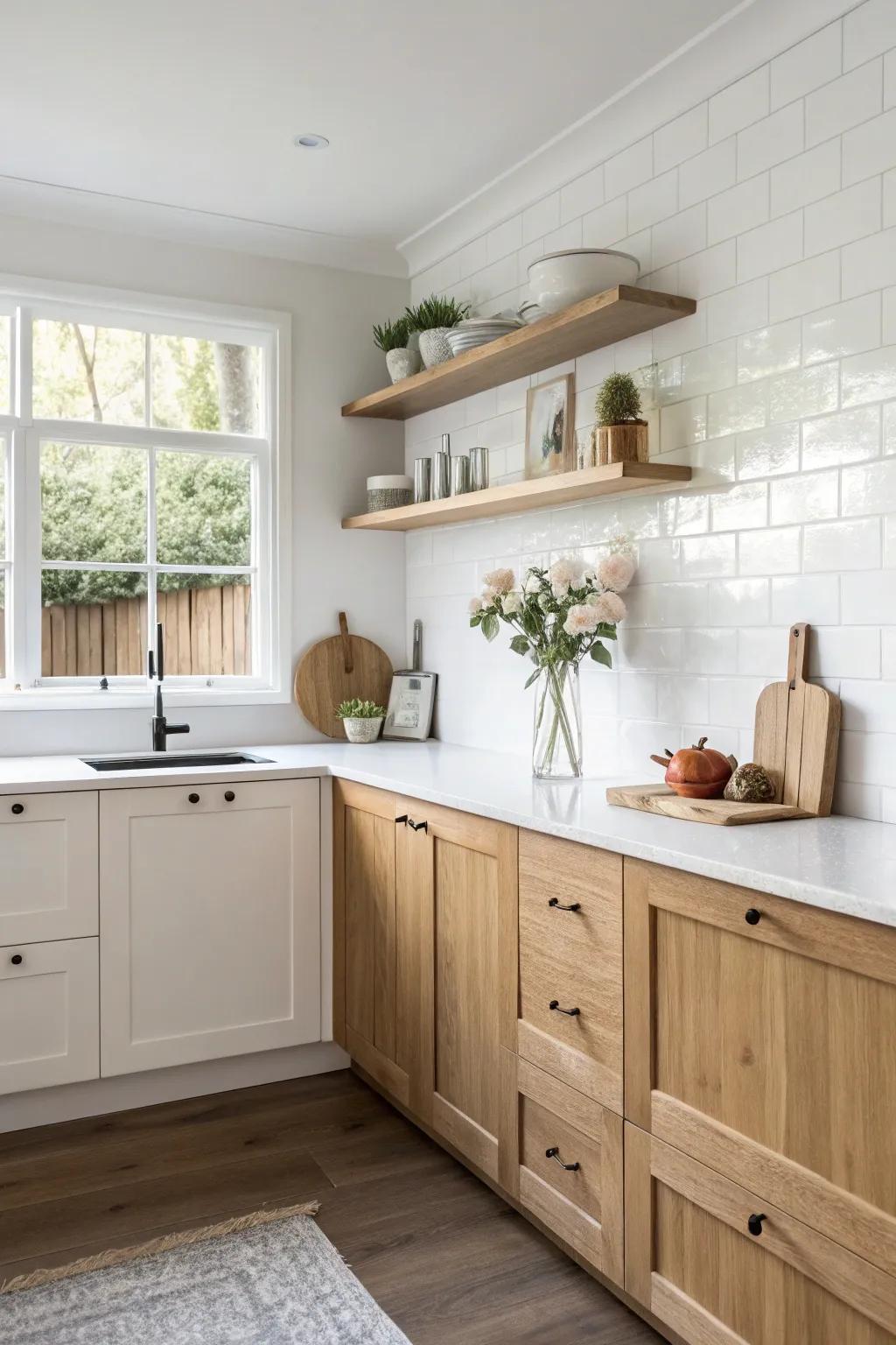 A minimalist white and timber kitchen for a refreshing feel.