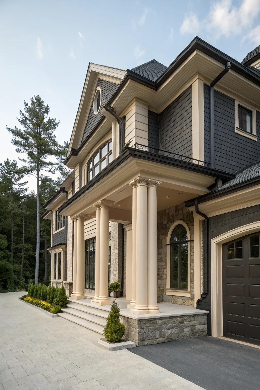 Chic and sophisticated charcoal and beige siding.