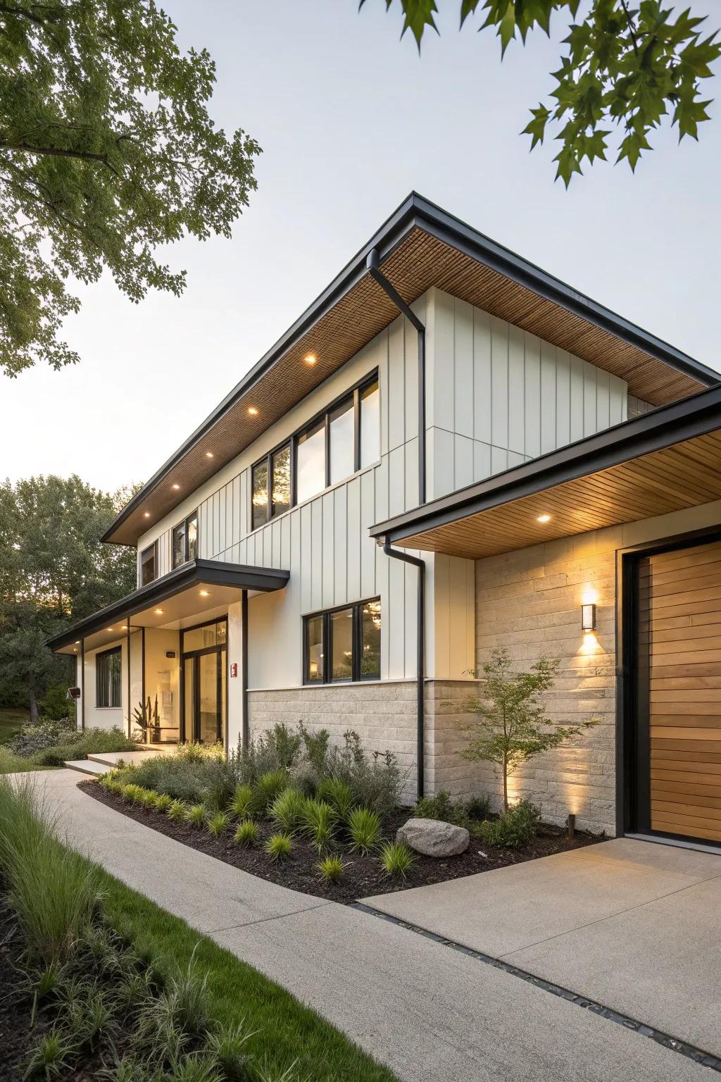 An elegant home featuring eco-friendly cladding materials.