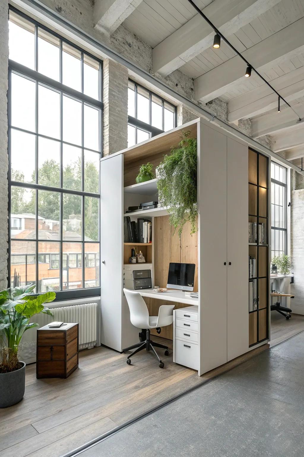 Concealed storage keeps your space tidy and organized.