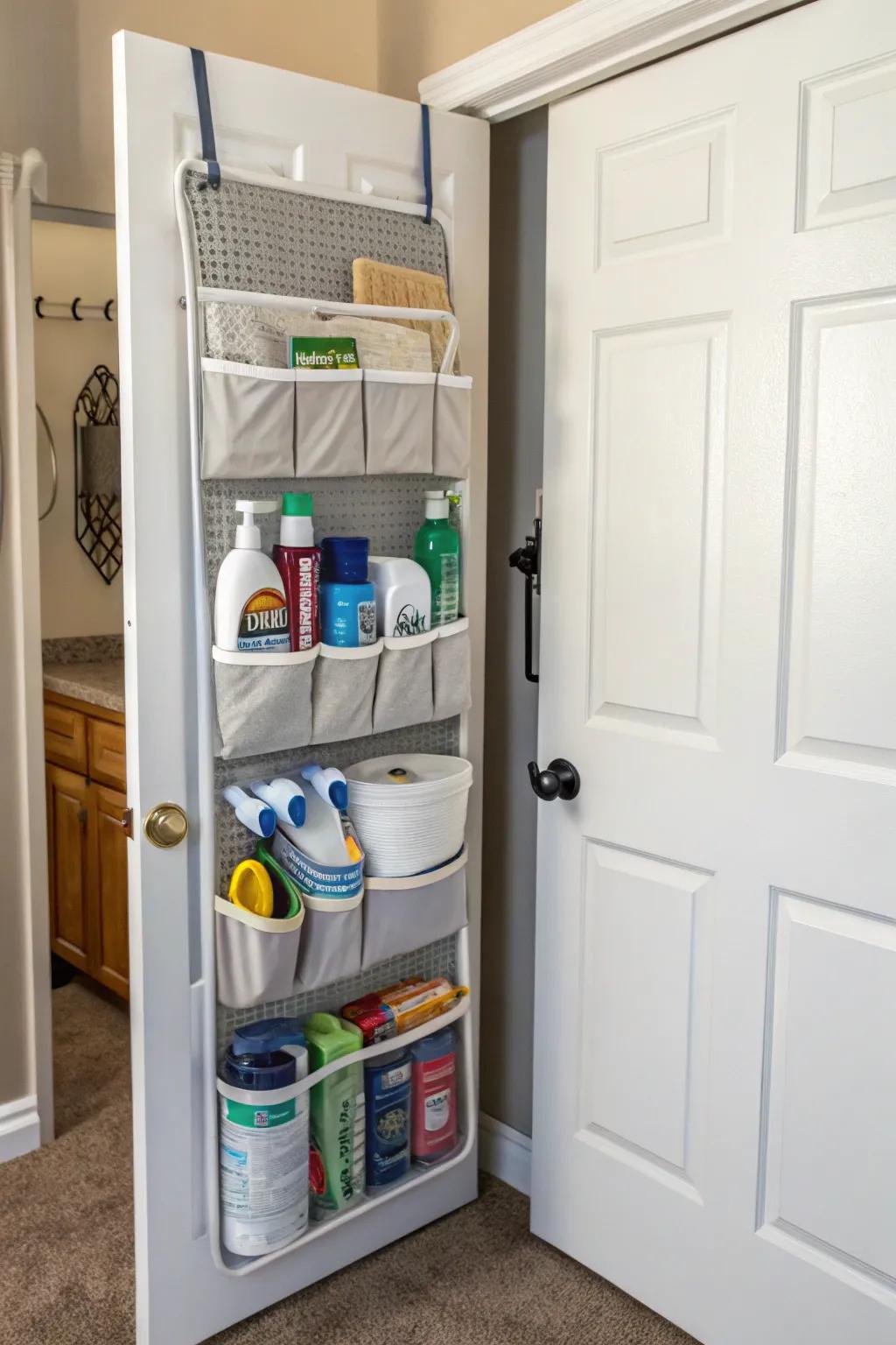 Over-the-door storage maximizes space and ensures that essentials are easy to reach.