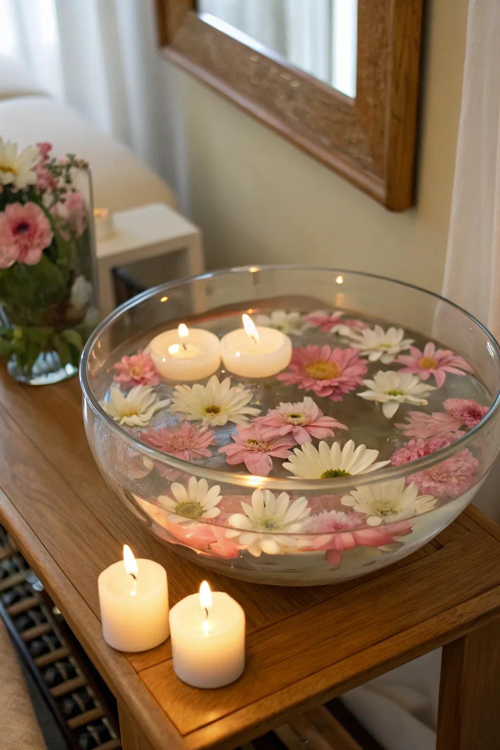 Floating flowers in a decorative glass bowl.