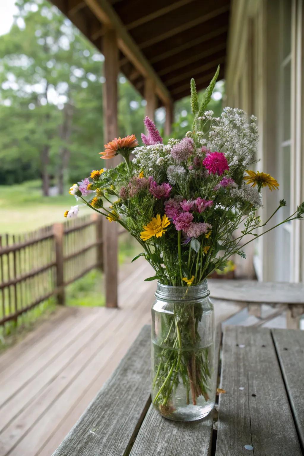 Country wildflower arrangement infusing a natural sensation into an area.