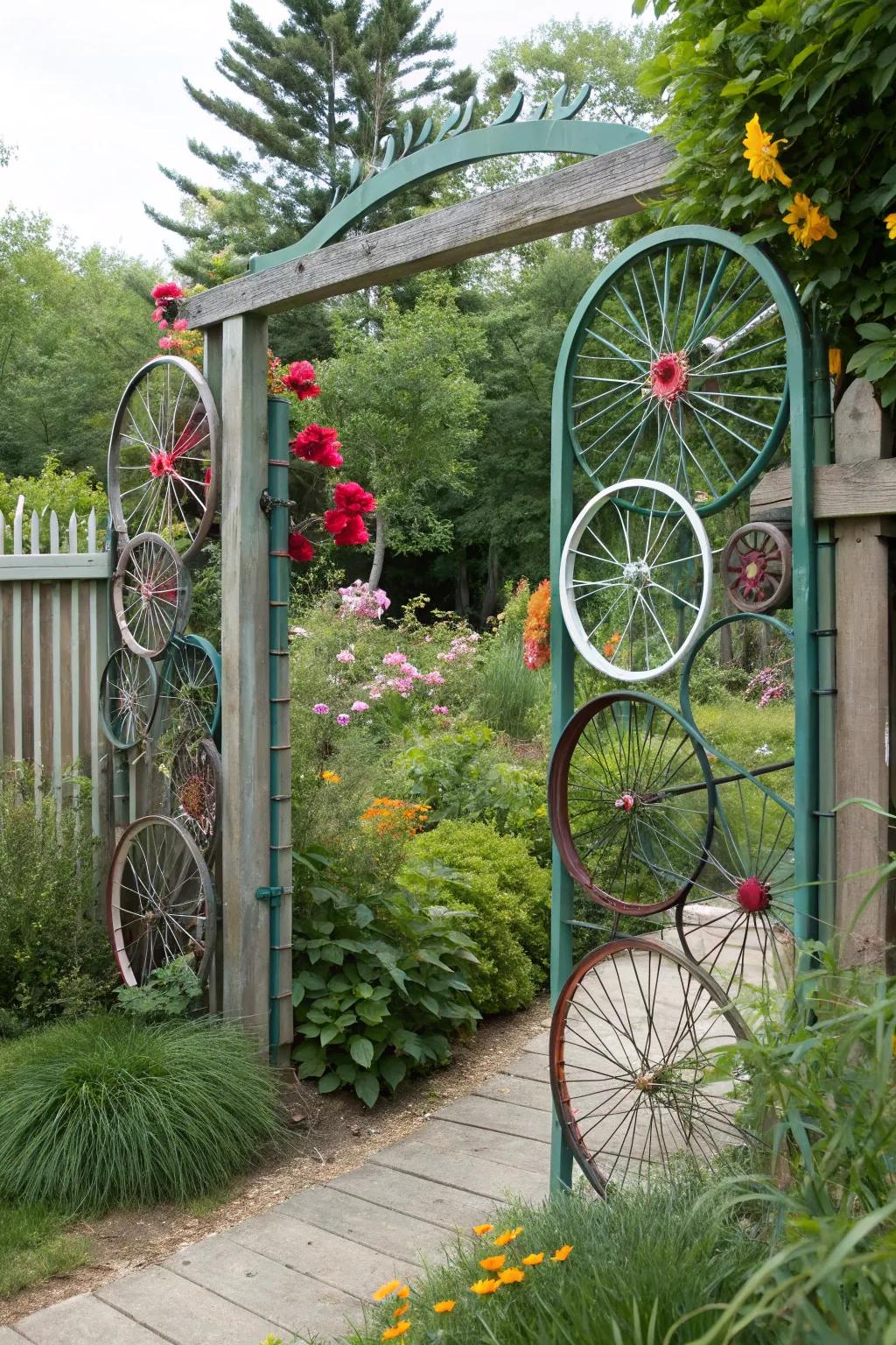 A creative entrance showcasing repurposed cycle wheels.