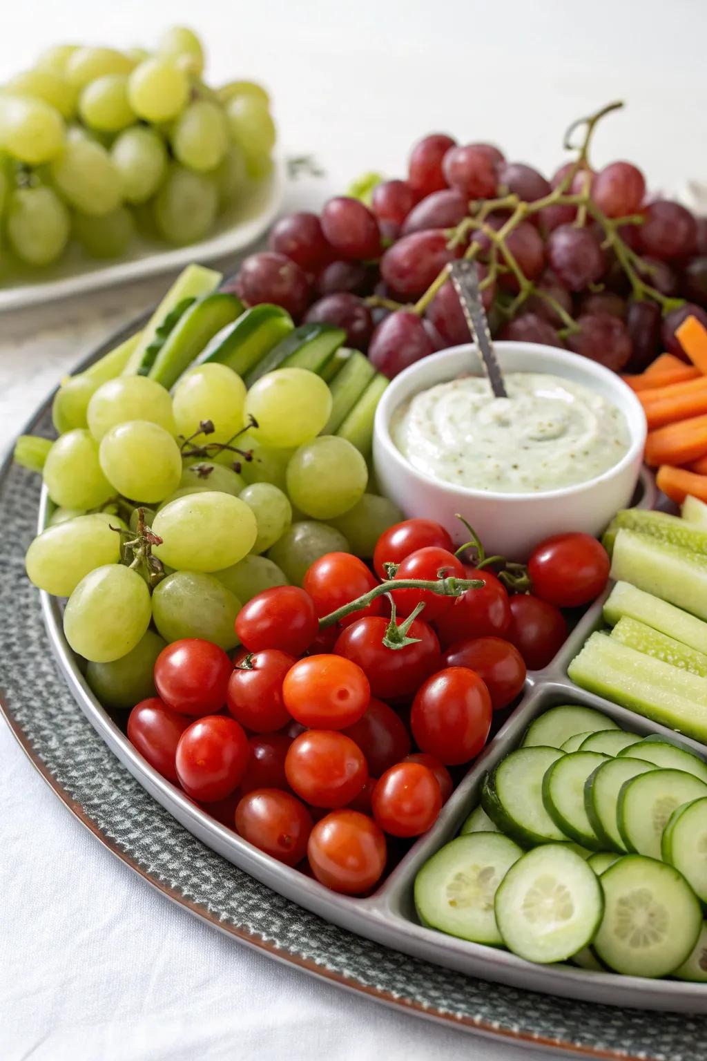 A platter harmonizing fruits and veggies.